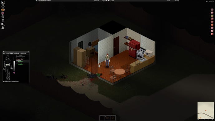 Project Zomboid player stands in a building covered in blood. He has several lacerations and zombie scratches. The moodlets indicate he is becoming a zombie, as he is nauseous but no infection is listed.