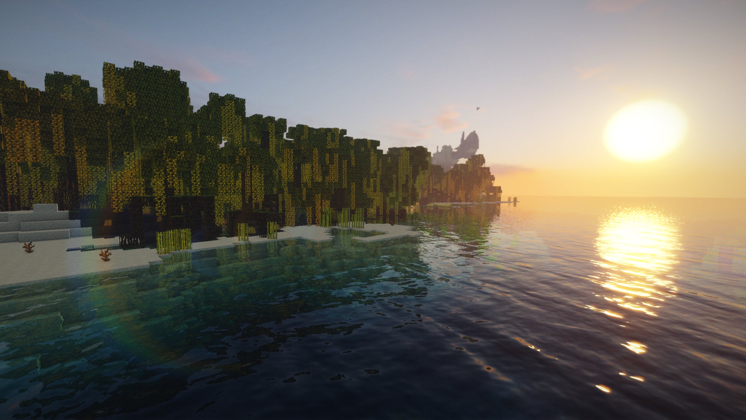 The sun reflected off the ocean next to a Minecraft forest landscape.