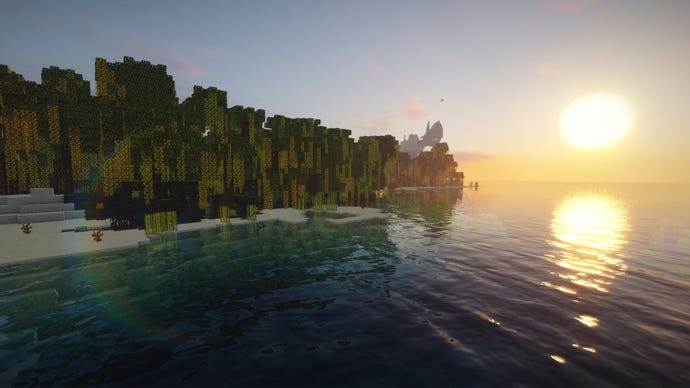 The sun reflected off the ocean next to a Minecraft forest landscape.
