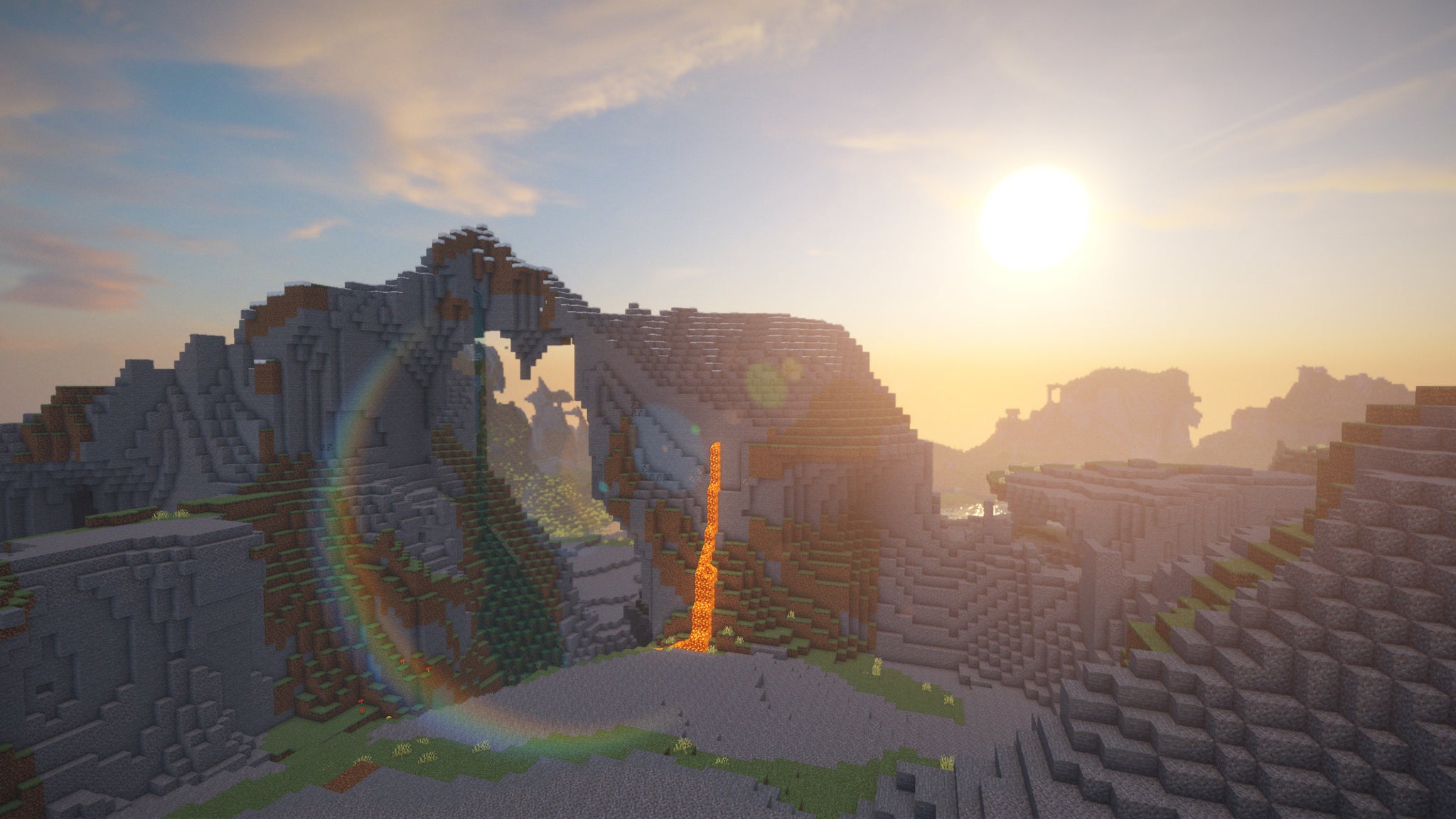 A Minecraft extreme hills landscape, with lava flowing from the central hill. - 61