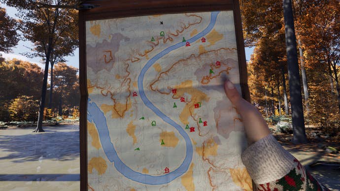 A Prologue: Go Wayback! screenshot showing a character holding up an old, weathered map as they stand in an autumnal forest, all viewed in first-person.
