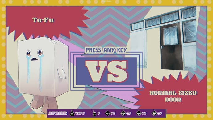 A screen showing a battle between a mascot and a door in Promise Mascot Agency.