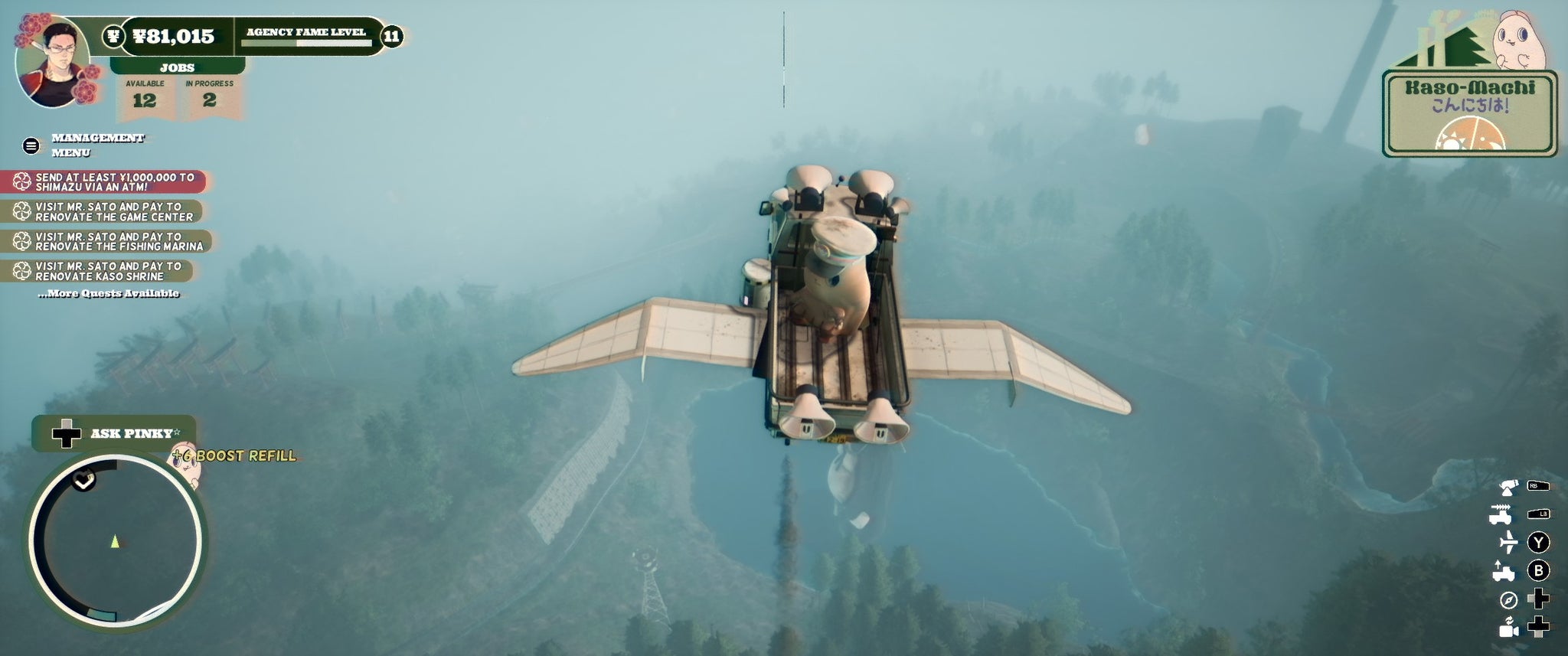 Flying over the town in a winged truck in Promise Mascot Agency. - 5