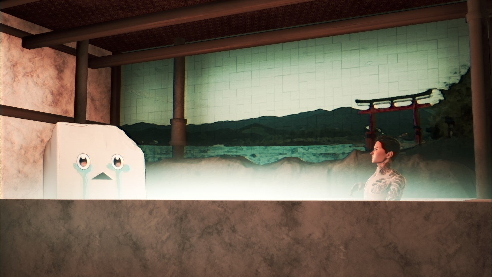 Michi and To-Fu enjoy a bath together in Promise Mascot Agency. - 1