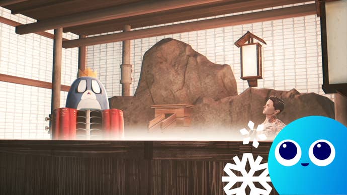 The little Wishlisted guy creepily watching Michi chill in a hiot tub with a mascot in Promise Mascot Agency.