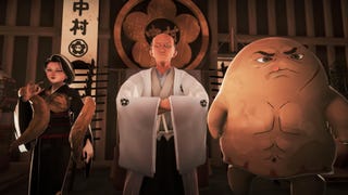 A Promise Mascot Agency screenshot showing three characters - a glamorous woman, robed older man, and a Japanese mascot resembling a potato with abs - all facing the camera.