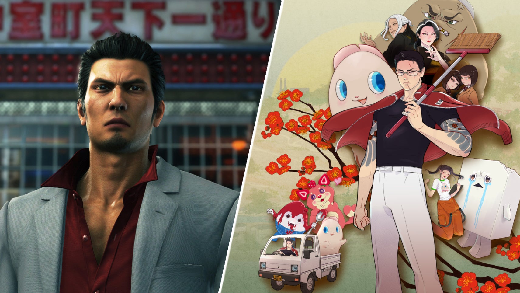 Kazuma Kiryu in Yakuza 6 next to Michi in Promise Mascot Agency. - 1