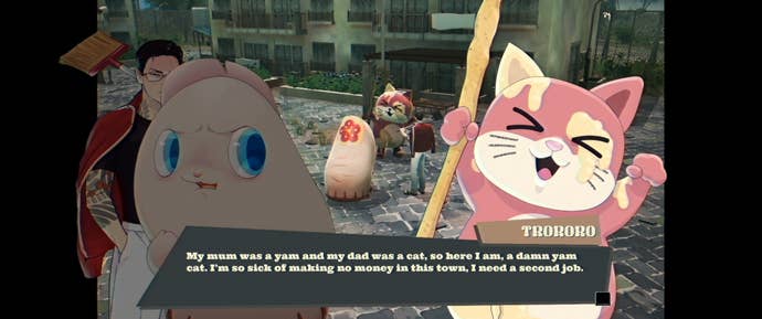 A yam-cat mascot successful Promise Mascot Agency. He's pinkish and has slime connected his head.