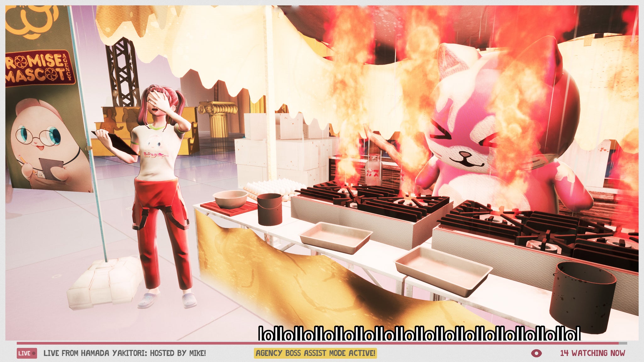 Trororo causing a fire during a mascot event in Promise Mascot Agency. - 7