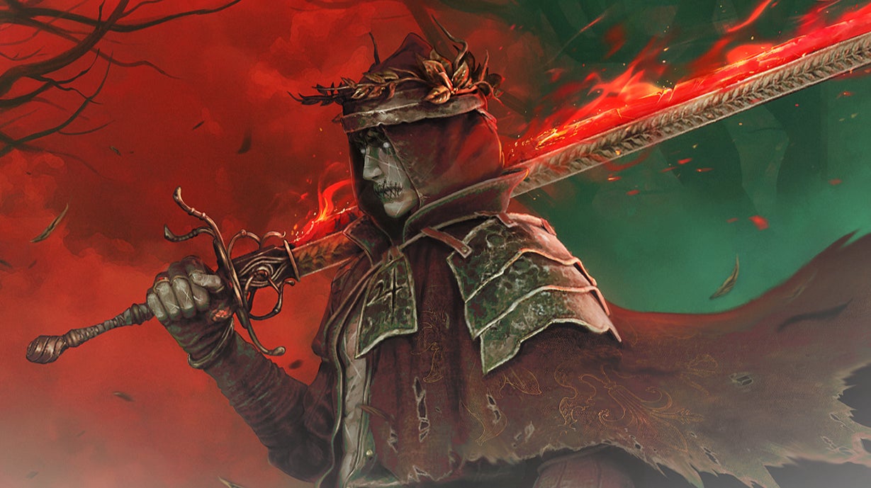 A ghoulish-looking warrior in metal shoulder armour and a flapping cloak holding a big, flaming sword, from a new videogame adaptation of La Divina Commedia. - 1