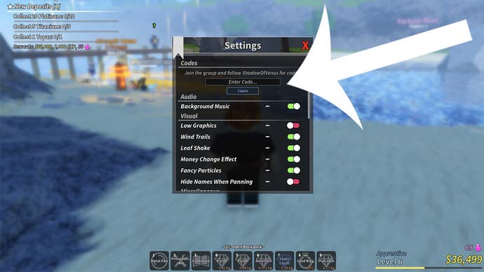 An arrow pointing at the codes menu, which is part of the settings menu in the Roblox game Prospecting.