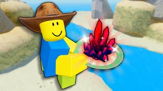 Artwork for the Roblox game Prospecting, showing a character wearing a cowboy hat and holding a mining pan that has a large gem in it.