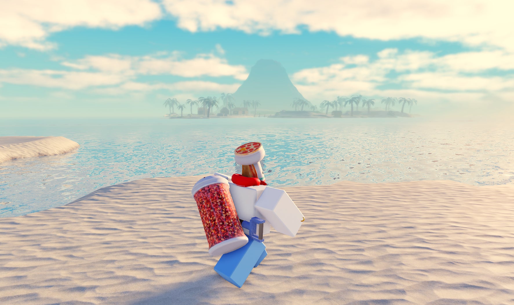 A character walking on a beach towards a volcano in the distance in the Roblox experience, Prospecting. - 1
