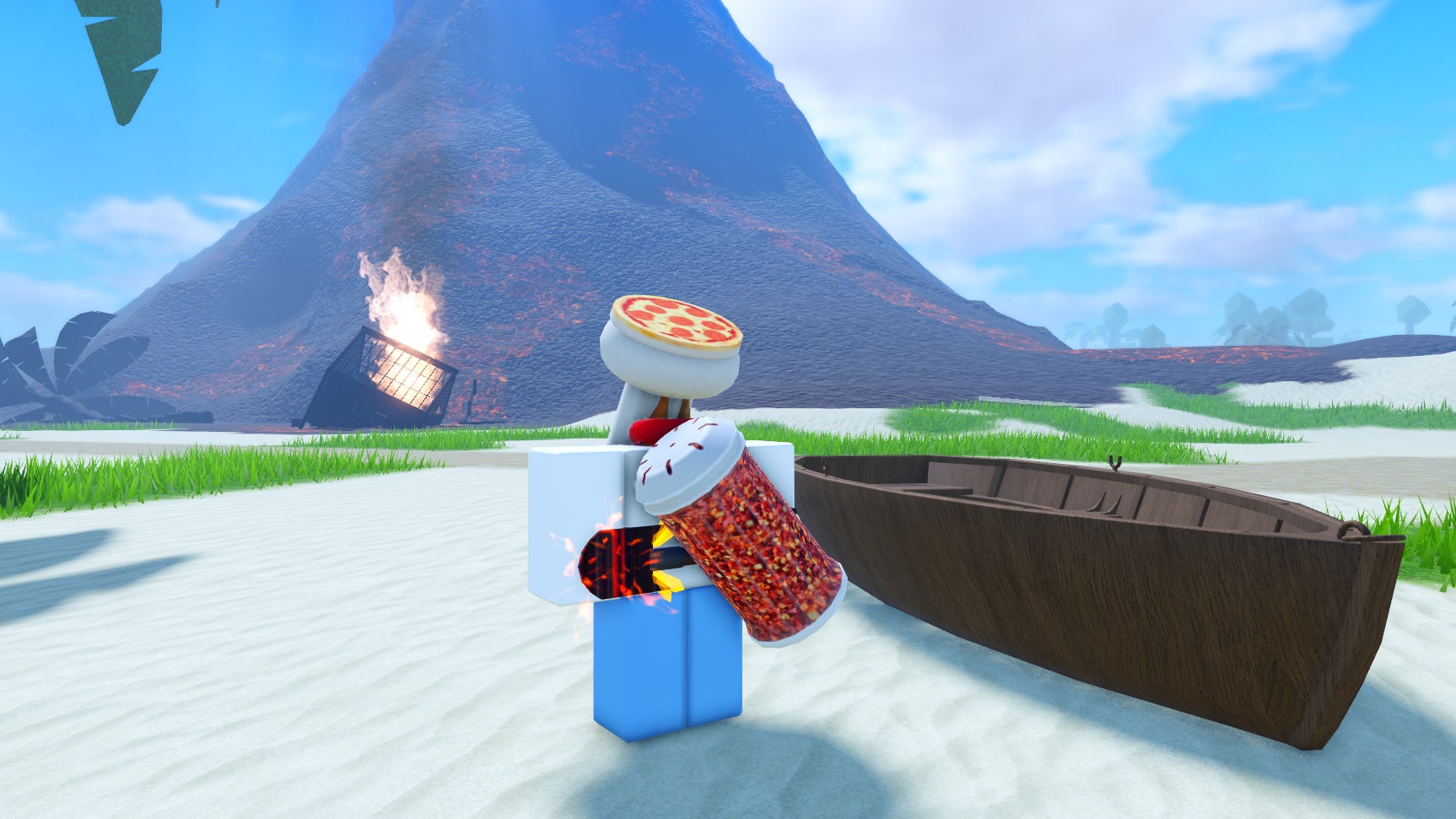 A character standing in front of a volcano in Prospecting. - 1
