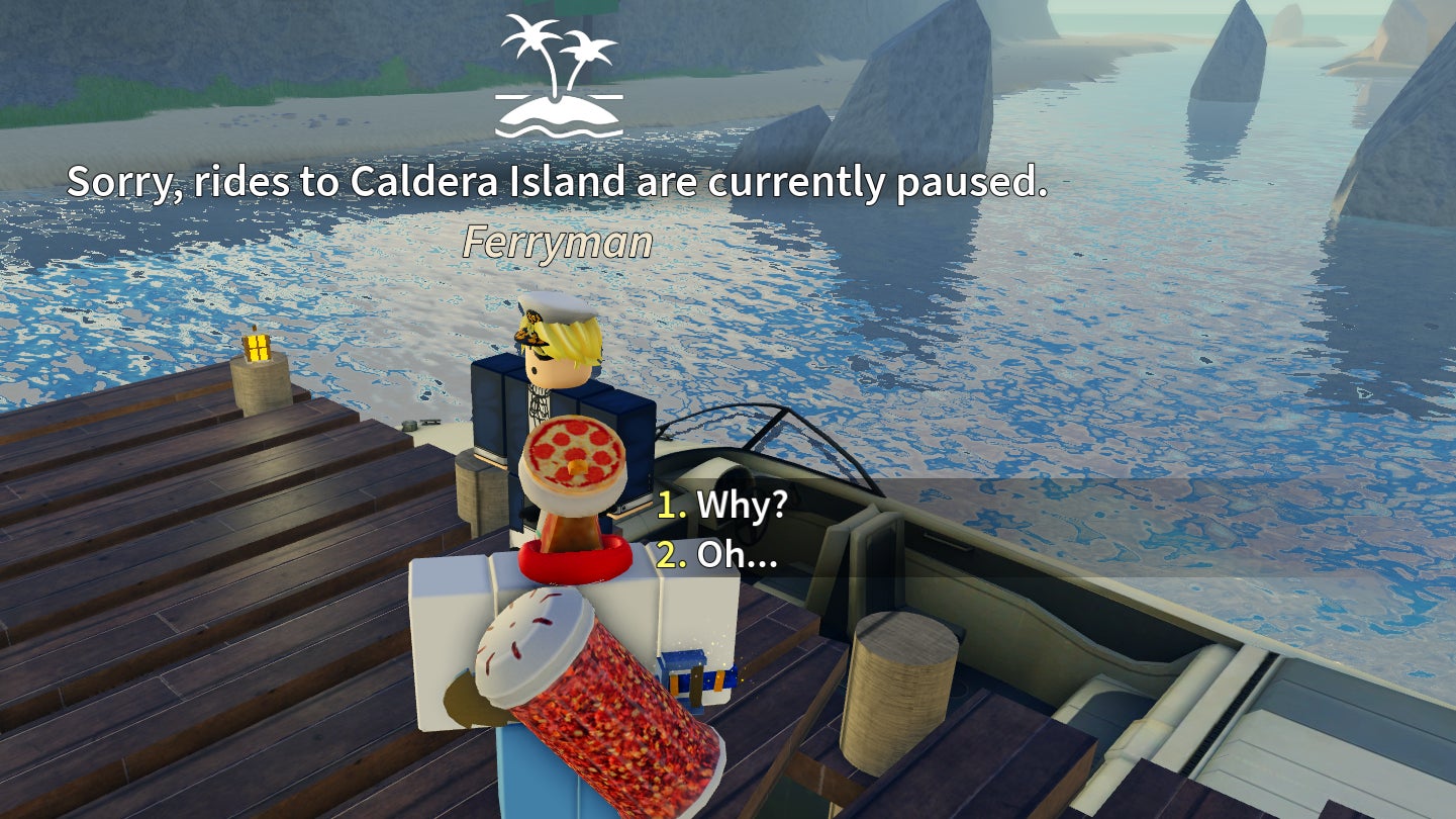 A character speaking to the Caldera Island Ferryman in Prospecting. - 3