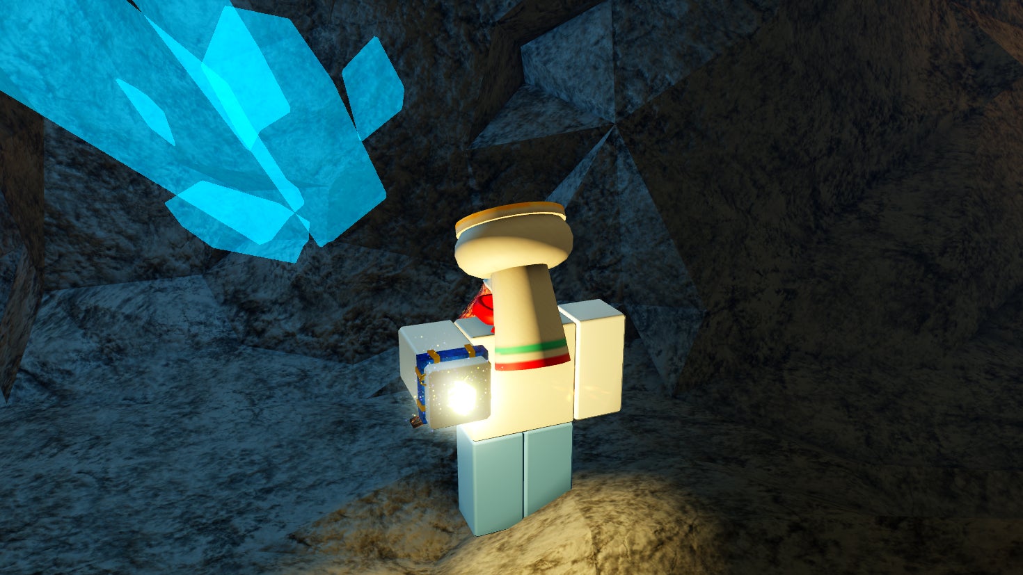 A character holding a piece of Luminum in Prospecting. - 1