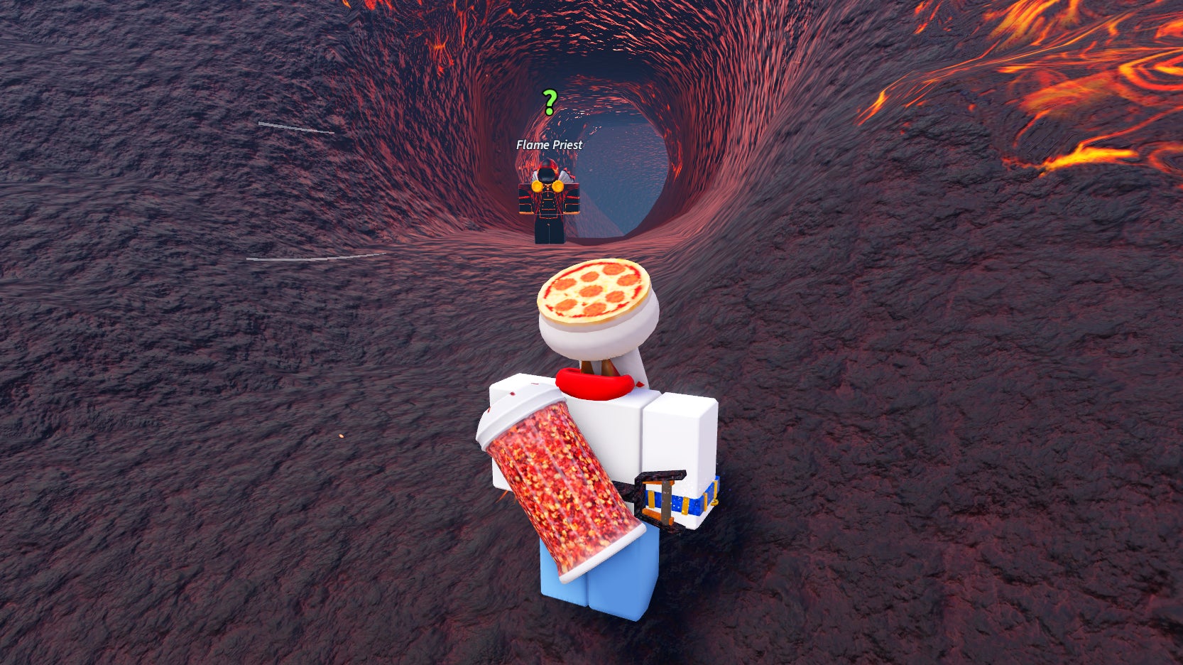 A Fire Priest standing in front of the entrance to the Magma Furnace in Prospecting. - 4