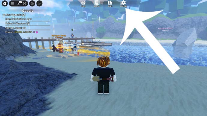 An arrow pointing at the settings button in the Roblox game Prospecting.