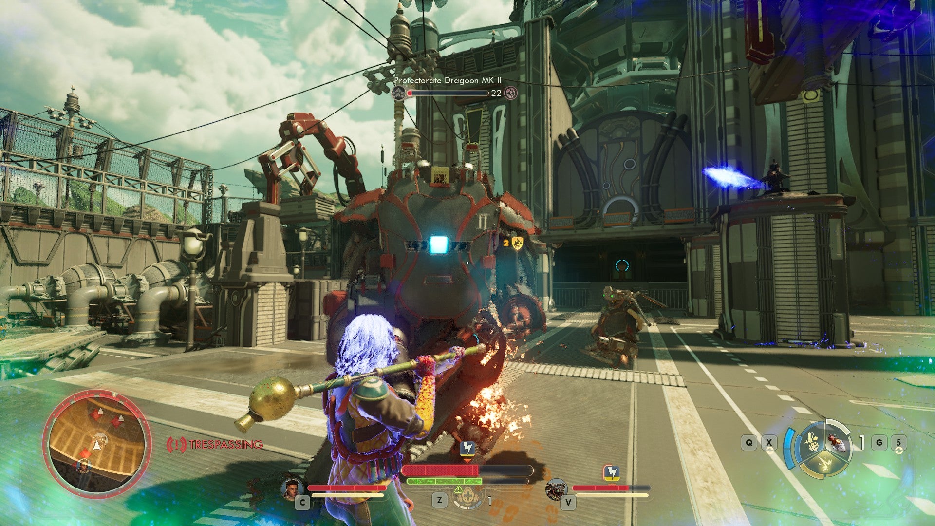 Fighting a Protectorate Dragoon (a large mech enemy) in The Outer Worlds 2. - 6