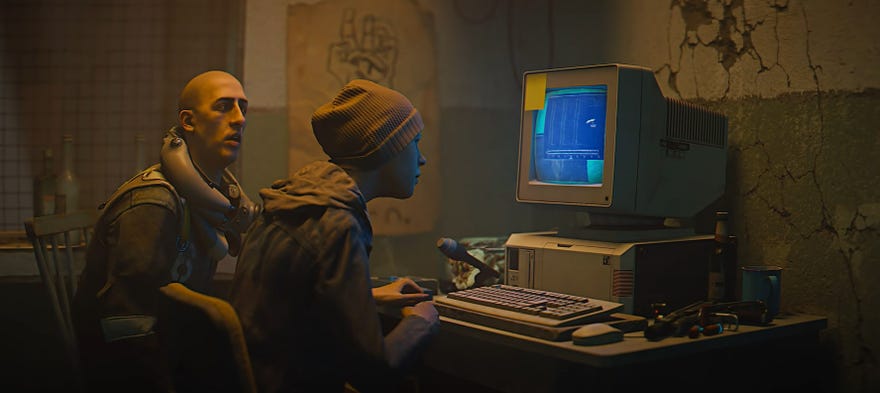 An image from Protectors, a Half-Life: Alyx machinima short, showing two citizens of City 17 sat in front of a CRT monitor.