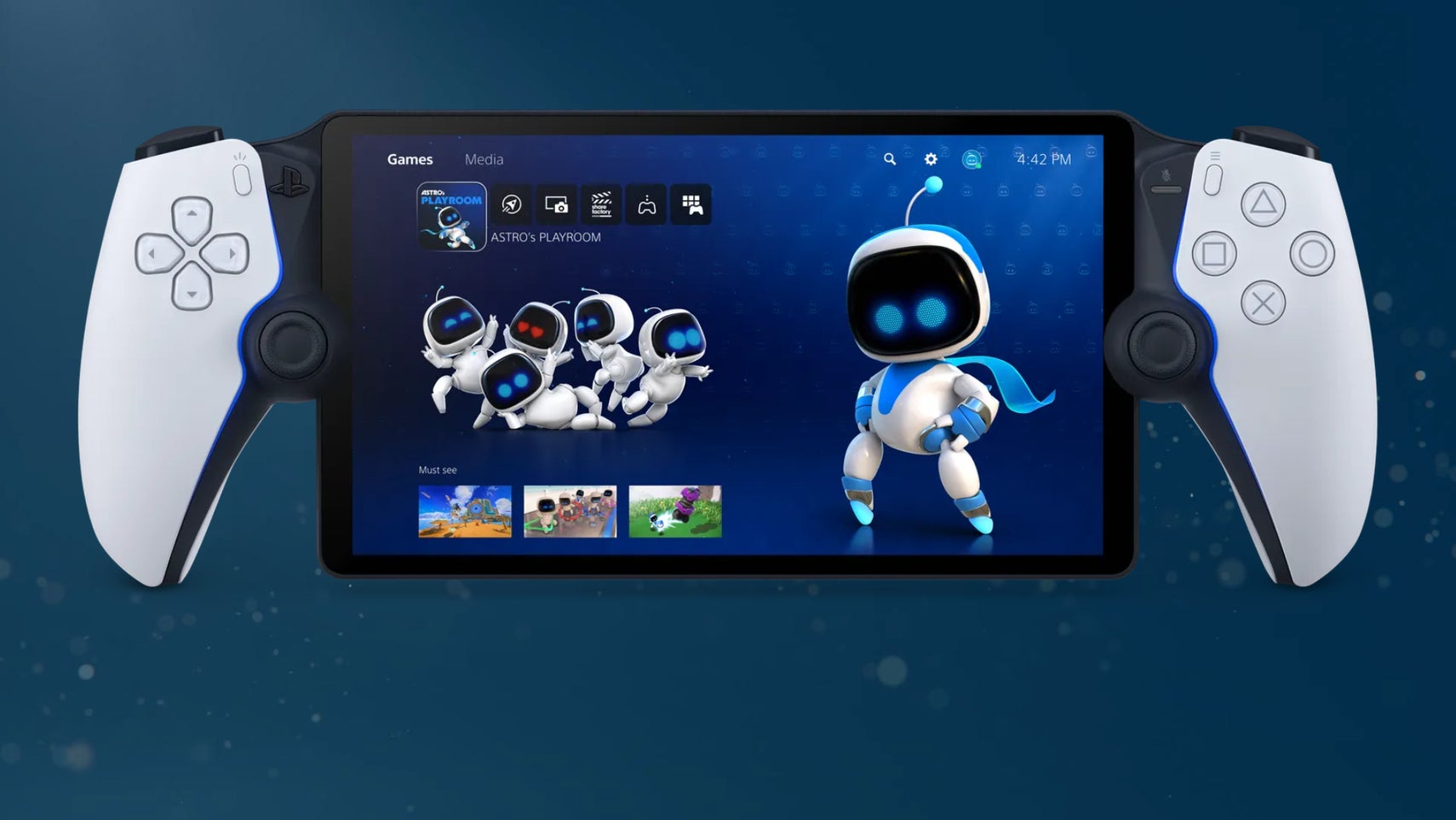 The PS Portal, running Astrobot, over the top of a dark blue background