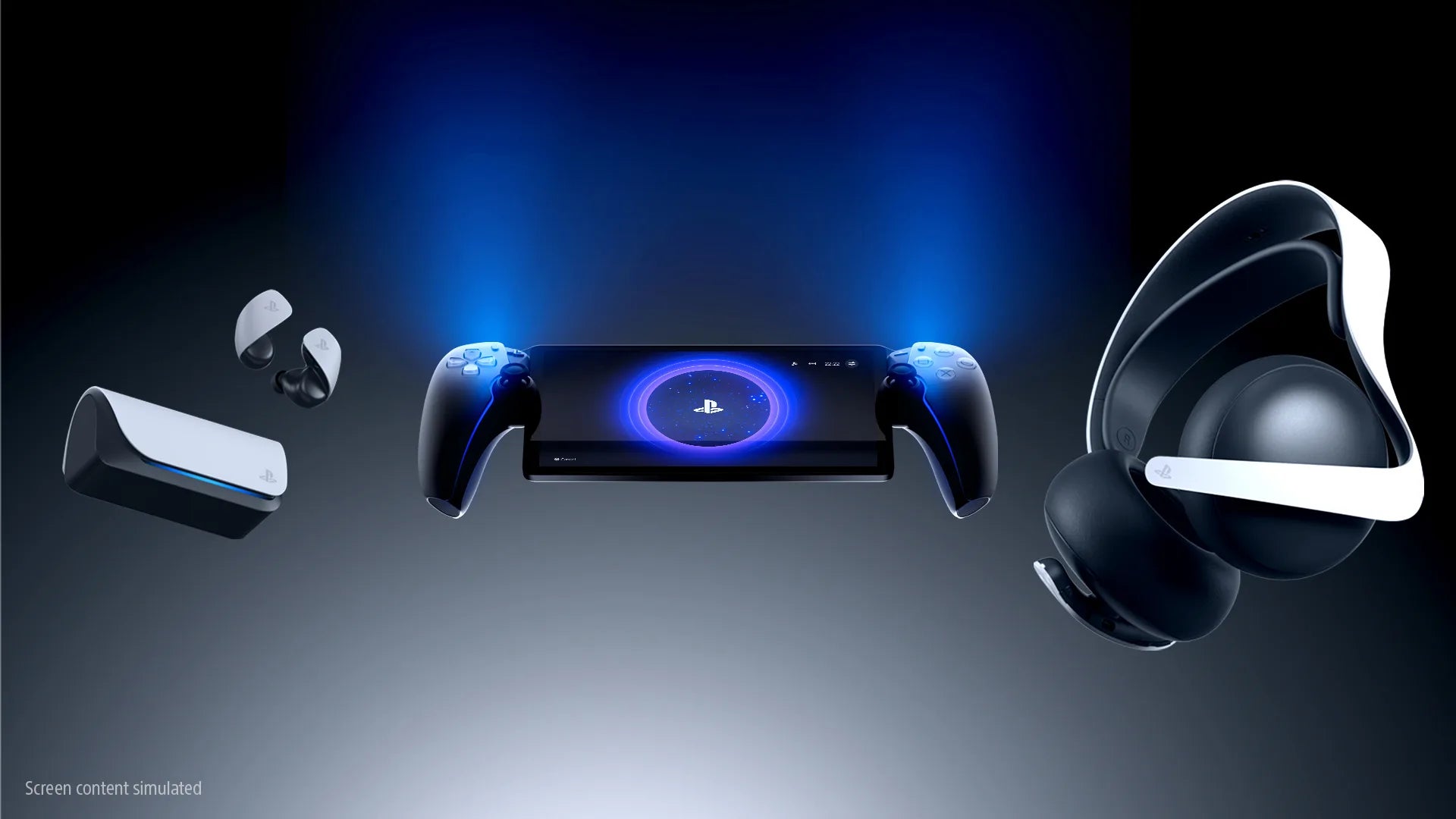 The PlayStation Portal, the PS5 headset, and earbuds, are all aligned against a stylish blue and silver backdrop. - 4