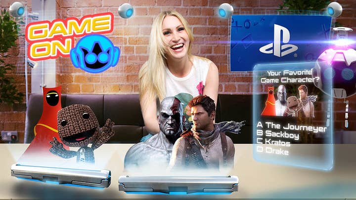 A woman site on a couch smiling. A bunch of Sony imagery gloats around her with the words "GAME ON" in neon in one corner. It's unclear what's happening.