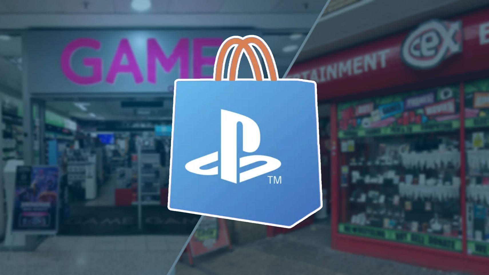 PS Store logo over the top of two slightly blurred UK high street retail stores: CEX and Game