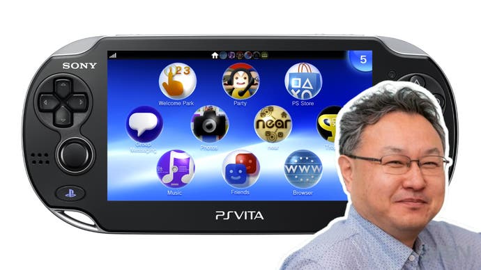 Image of a PS Vita console with Shuhei Yoshida headshot