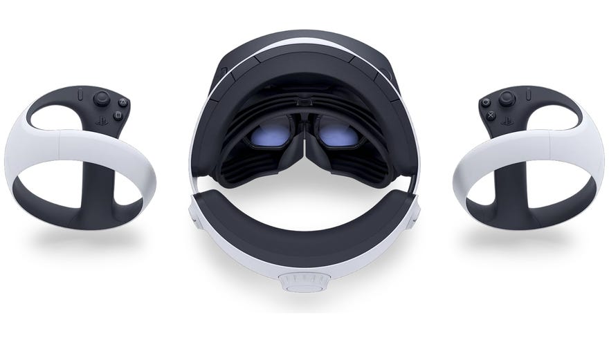 A view of the PlayStation VR2 headset from the back, alongside its two handheld controllers