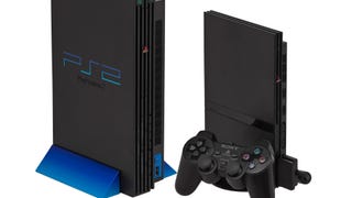A PS2, PS2 slim, and a PS2 controller all in a white void.