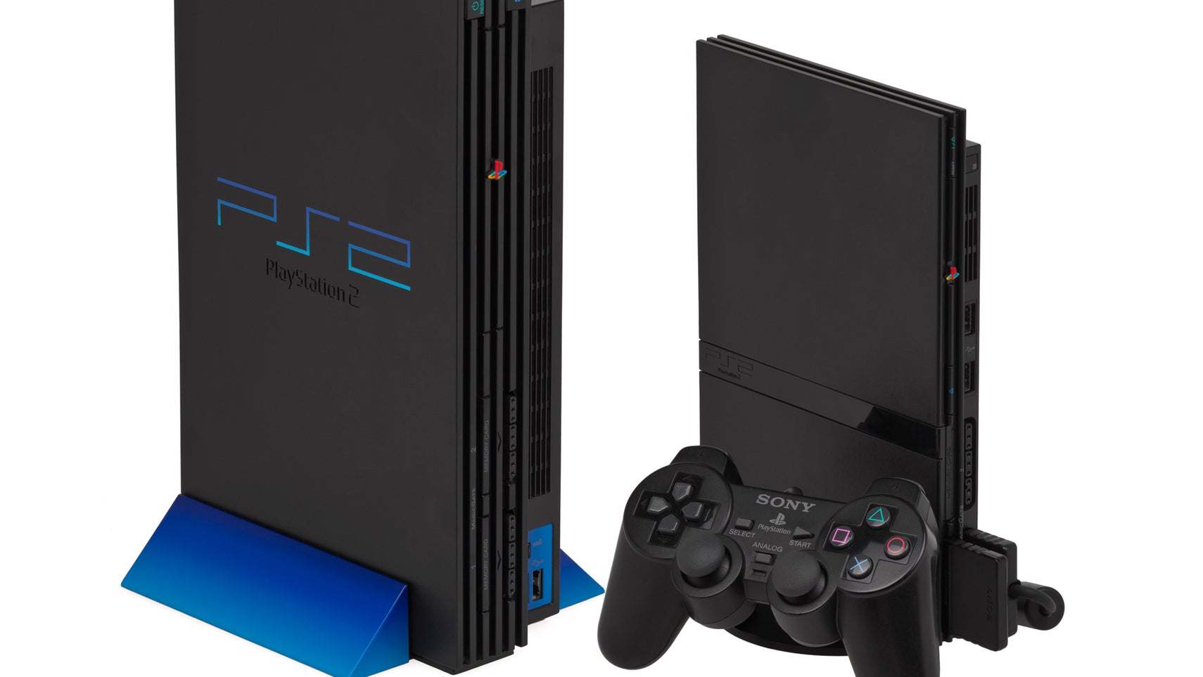 A PS2, PS2 slim, and a PS2 controller all in a white void. - 1