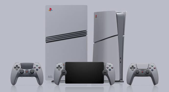 A PS5 Pro, a digital PS5, two PS5 controllers, and a PS Portal all themed with the PSX’s colour theme.