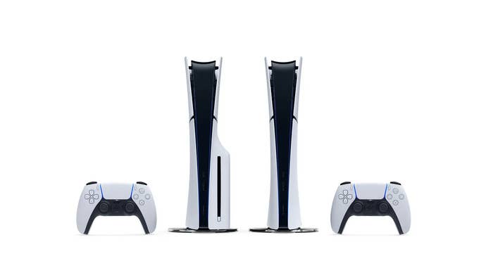 Image of PS5 console and PS5 slim console with controllers