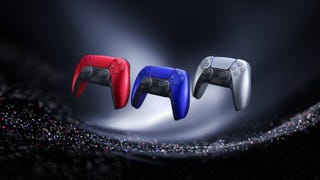 A promotional image showing Sony's new Deep Earth PS5 controller colours - from left to right, in Volcanic Red, Cobalt Blue, and Sterling Silver.