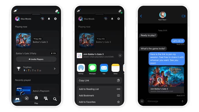 An image of three phone screens showing the process of generating and sharing a PS5 multiplayer link using the PlayStation App.