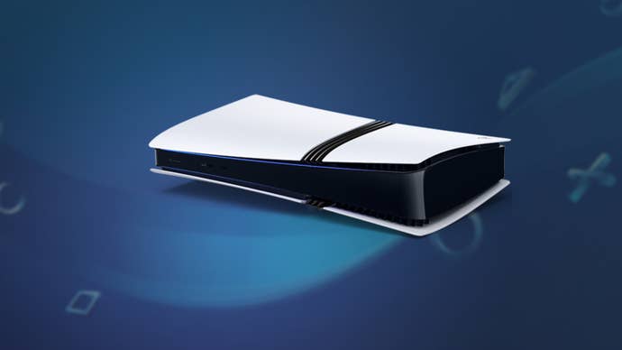 PS5 Pro machine on a blue background with PlayStation symbols - crosses, squares, et al.