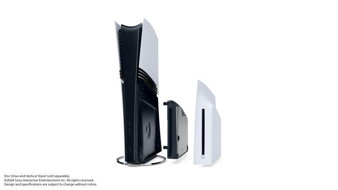 Official PS5 Pro image showing it partially disassembled with optional extra disc drive and cover