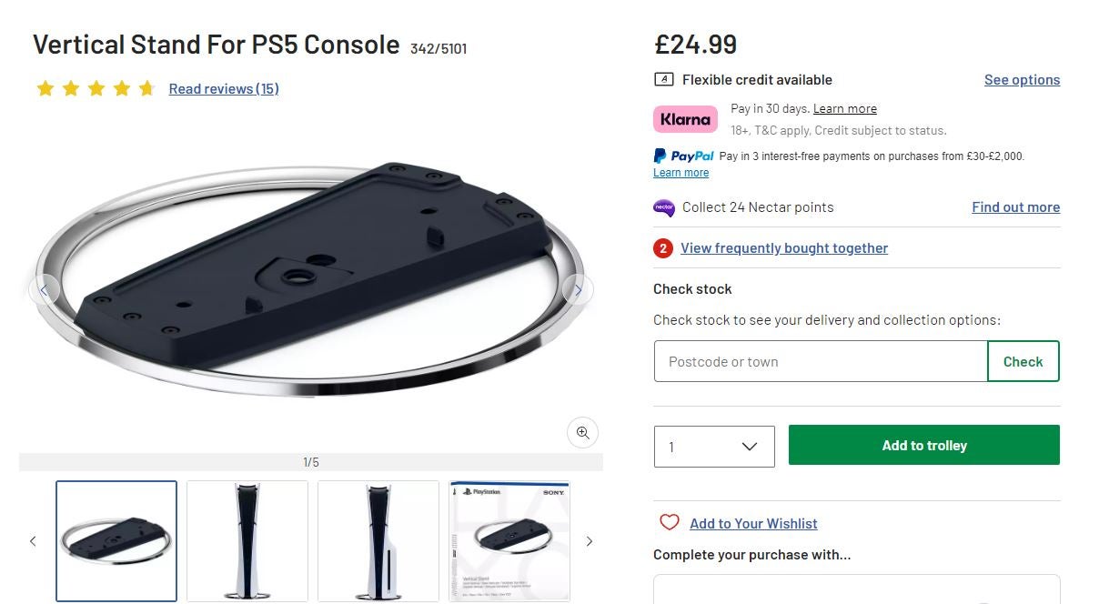 A screenshot of the Argos store page for the PS5 Pro stand, with price at £24.99