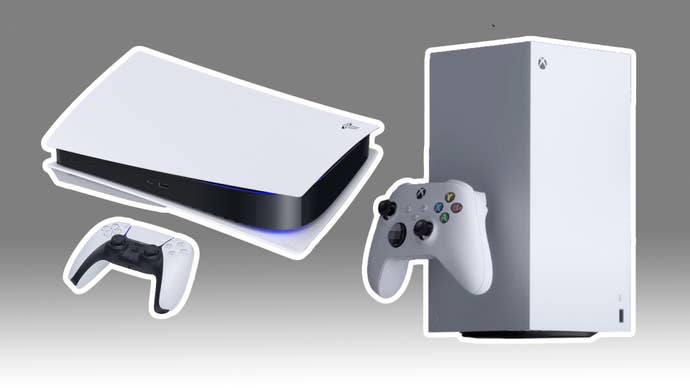A PS5 and controller next to an Xbox Series X and controller on a grey background.