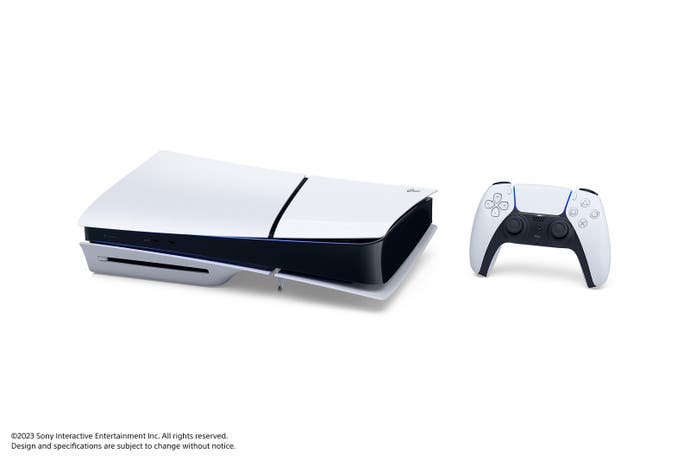 The slim PS5 disc version stood horizontally with a Dualsense controller