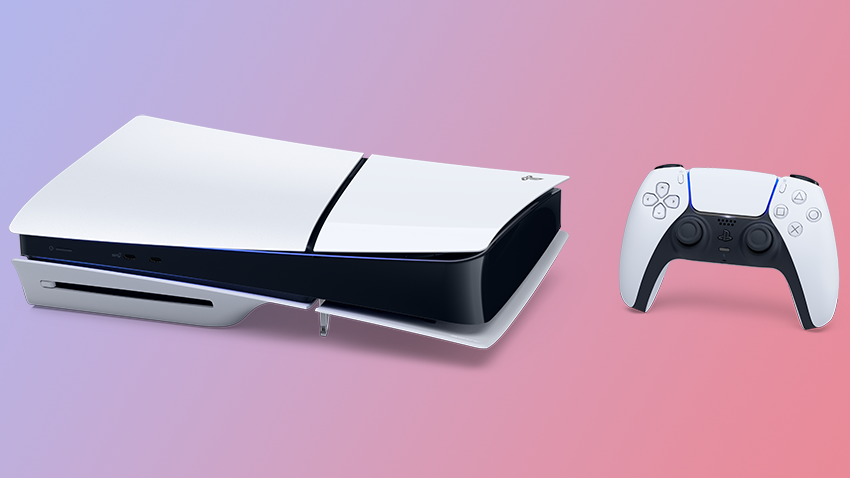 playstation 5 (ps5) slim pictured on its side with a controller