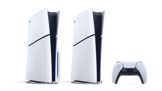 Two of the 2023 redesigned PS5 models, one with the disc drive and one without. A DualSense controller sits next to them