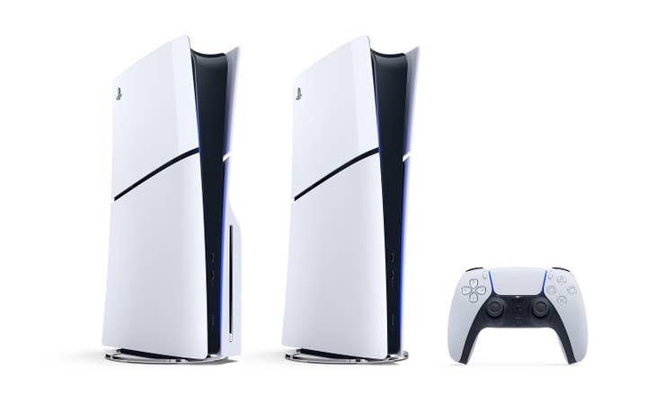Two of the 2023 redesigned PS5 models, one with the disc drive and one without. A DualSense controller sits next to them