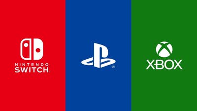 Image of the Nintendo Switch logo, PlayStation logo, and Xbox logo set against red, blue, and green backgrounds, respectively