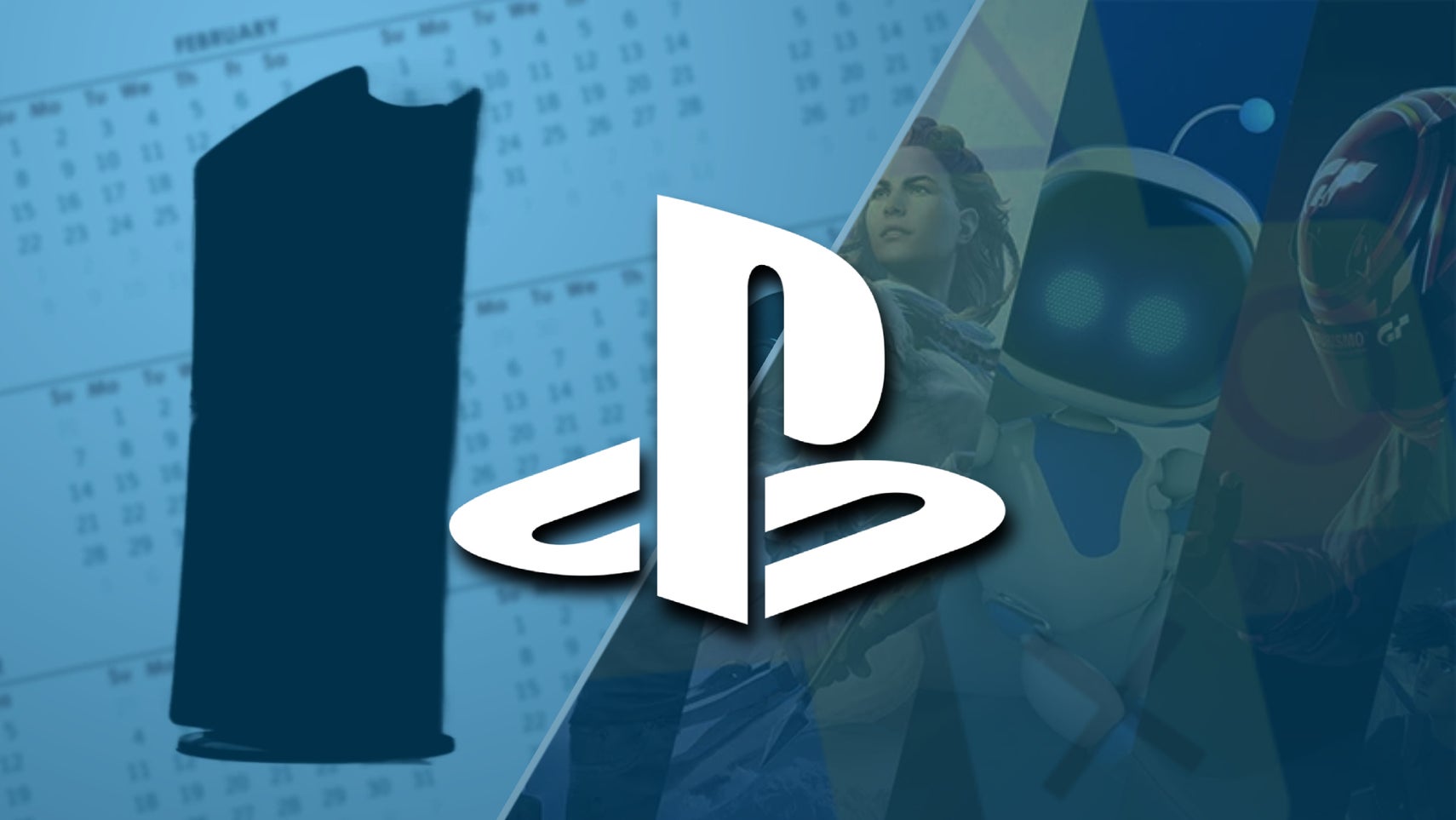 PlayStation logo overlaid on a faded background with a calendar and PS5 silhouette on the left, and Sony blockbusters collage on the right