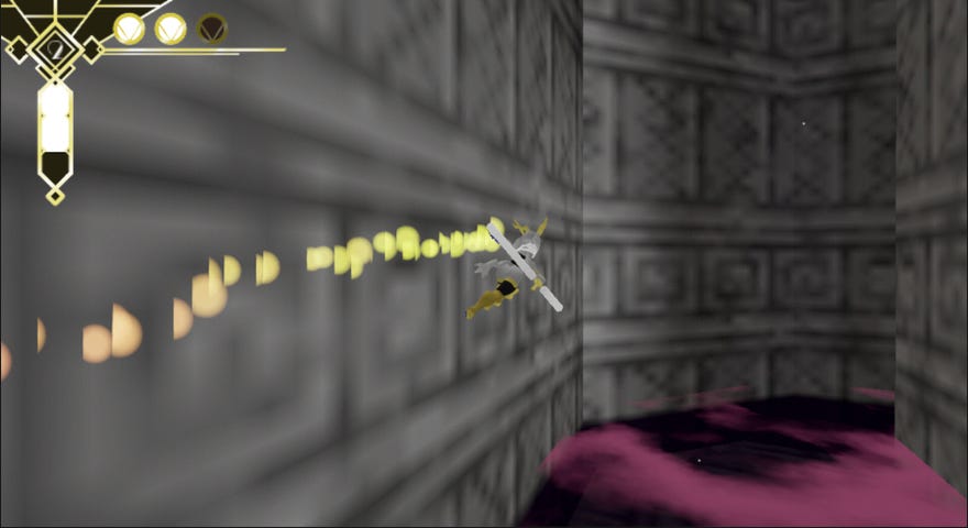 Pseudoregalia heroine Sybil wall-runs above a purple floor in the indie 3D Metroidvania