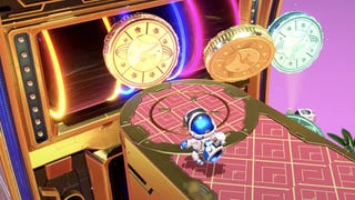 Cropped screenshot of the PlayStation State of Play trailer showing Astro Bot wearing a PSVR 1 headset in a casino level.