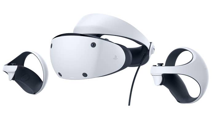 Image of the PS VR2 headset and two Sense controllers