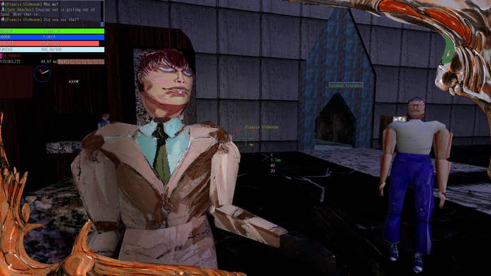 A man in a suit looks at the player, with another figure behind him.